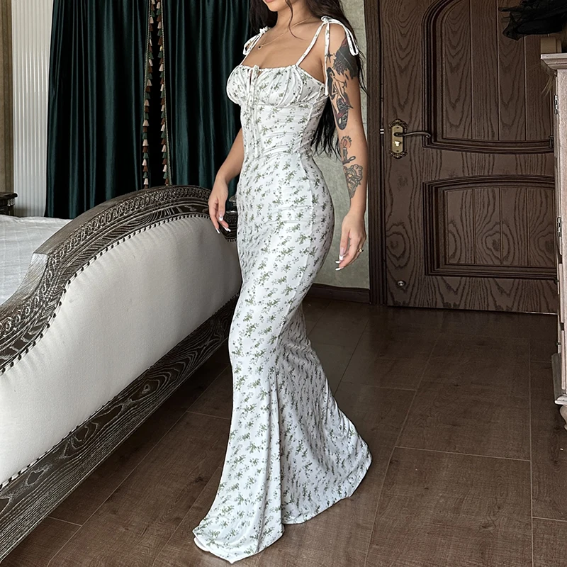 Hugcitar Floral Print Sleeveless Backless Slips Lace Up Maxi Dress Sexy Bodycon Summer Elegant Outfits Holiday Party Wholesale
