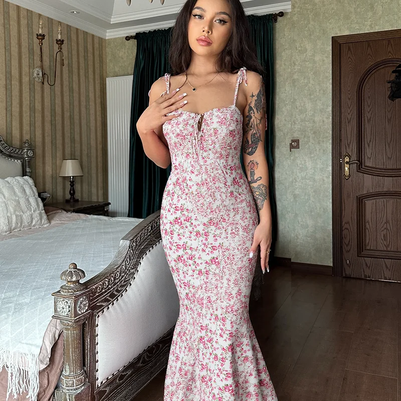 Hugcitar Floral Print Sleeveless Backless Slips Lace Up Maxi Dress Sexy Bodycon Summer Elegant Outfits Holiday Party Wholesale