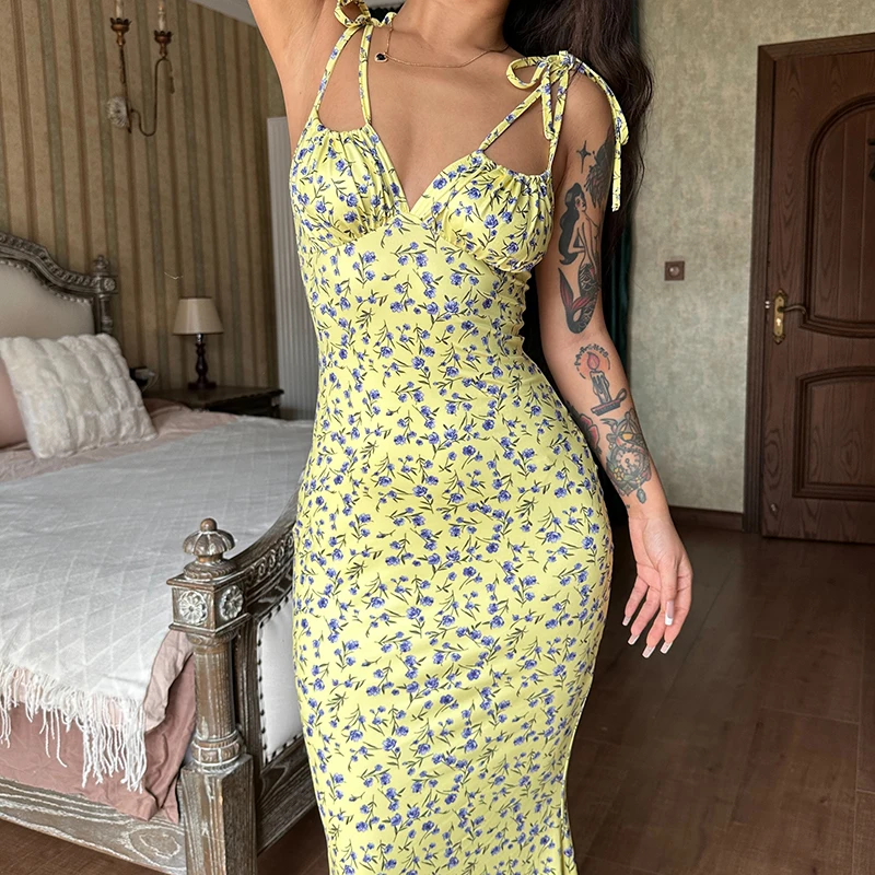 Hugcitar Floral Print Sleeveless Backless Slips Lace Up Maxi Dress Sexy Bodycon Summer Elegant Outfits Holiday Party Wholesale