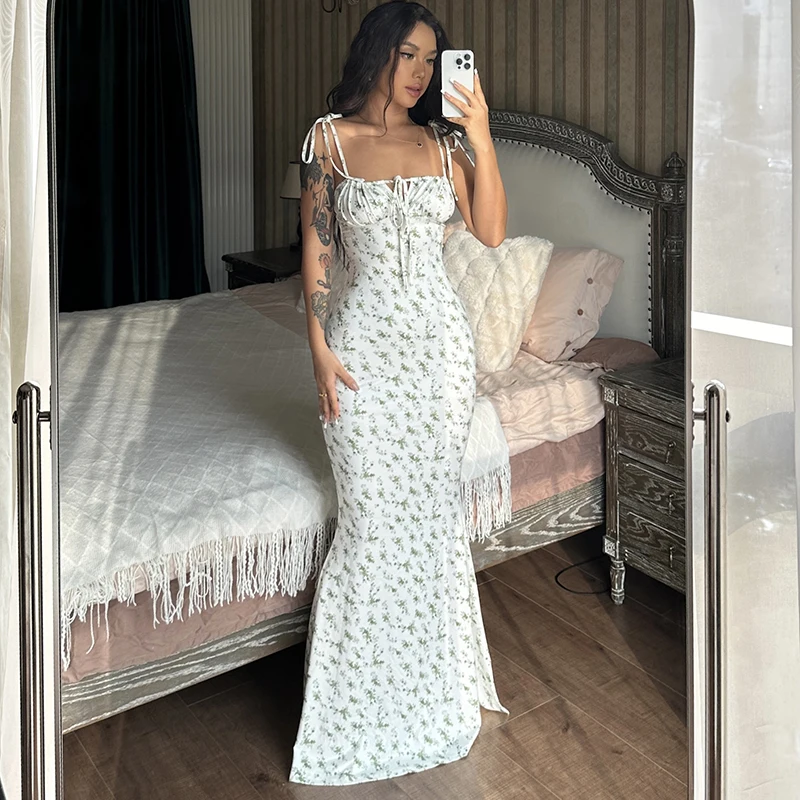 Hugcitar Floral Print Sleeveless Backless Slips Lace Up Maxi Dress Sexy Bodycon Summer Elegant Outfits Holiday Party Wholesale