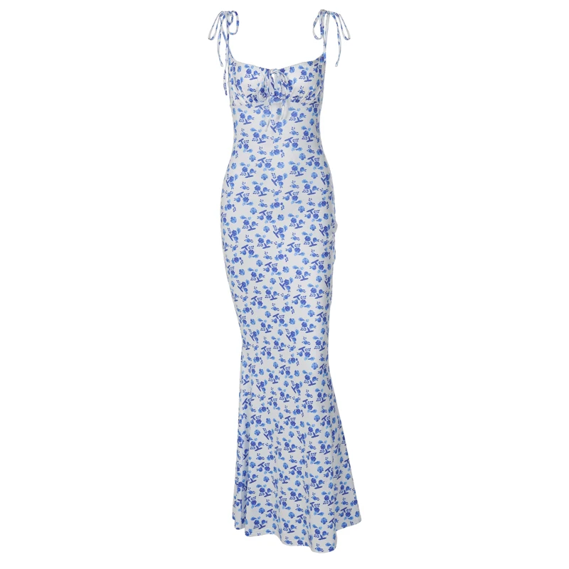 Hugcitar Floral Print Sleeveless Backless Slips Lace Up Maxi Dress Sexy Bodycon Summer Elegant Outfits Holiday Party Wholesale