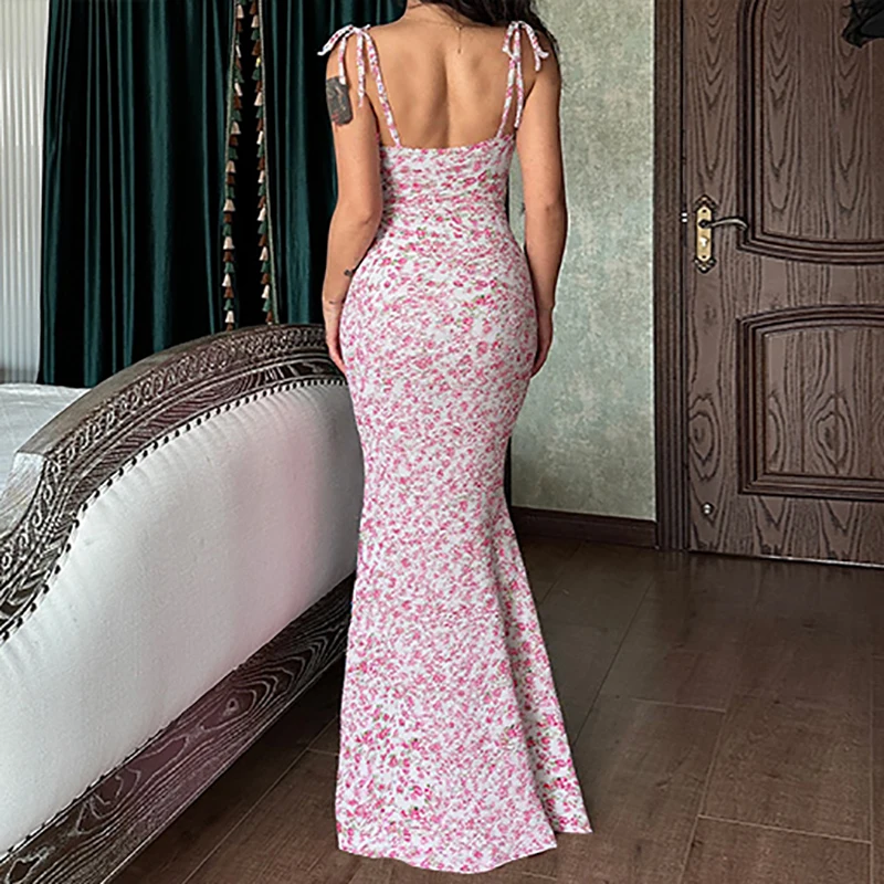 Hugcitar Floral Print Sleeveless Backless Slips Lace Up Maxi Dress Sexy Bodycon Summer Elegant Outfits Holiday Party Wholesale