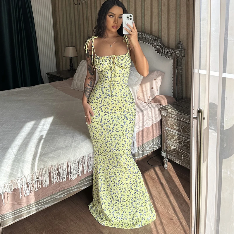 Hugcitar Floral Print Sleeveless Backless Slips Lace Up Maxi Dress Sexy Bodycon Summer Elegant Outfits Holiday Party Wholesale