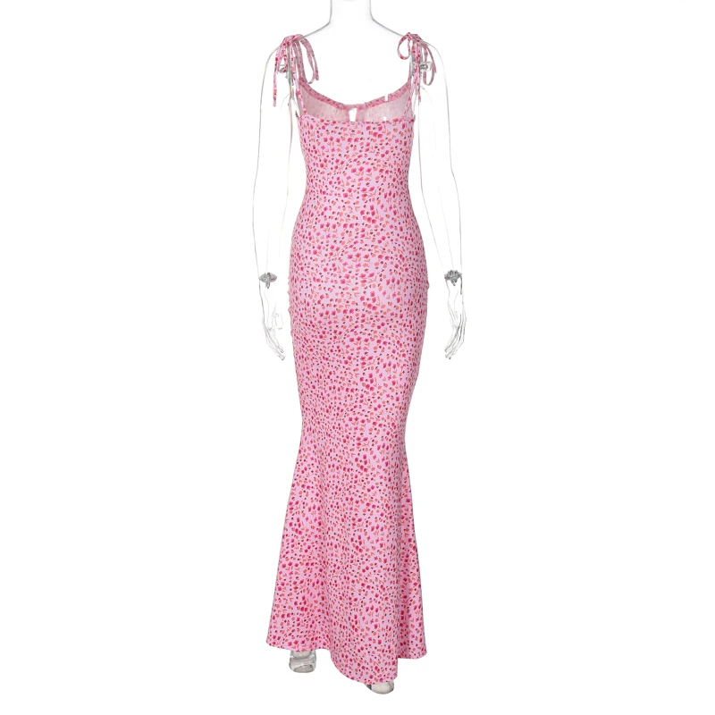Hugcitar Floral Print Sleeveless Backless Slips Lace Up Maxi Dress Sexy Bodycon Summer Elegant Outfits Holiday Party Wholesale