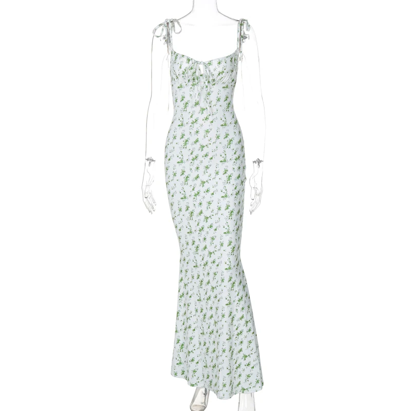 Hugcitar Floral Print Sleeveless Backless Slips Lace Up Maxi Dress Sexy Bodycon Summer Elegant Outfits Holiday Party Wholesale