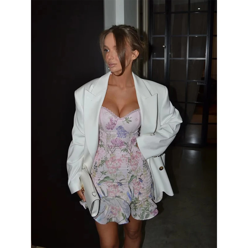 Elegant Floral Print Corset Mini Dress Women Lace Trim Sweetheart Neckline Dressess 2026 New Lady Summer Party Fashion Sundress