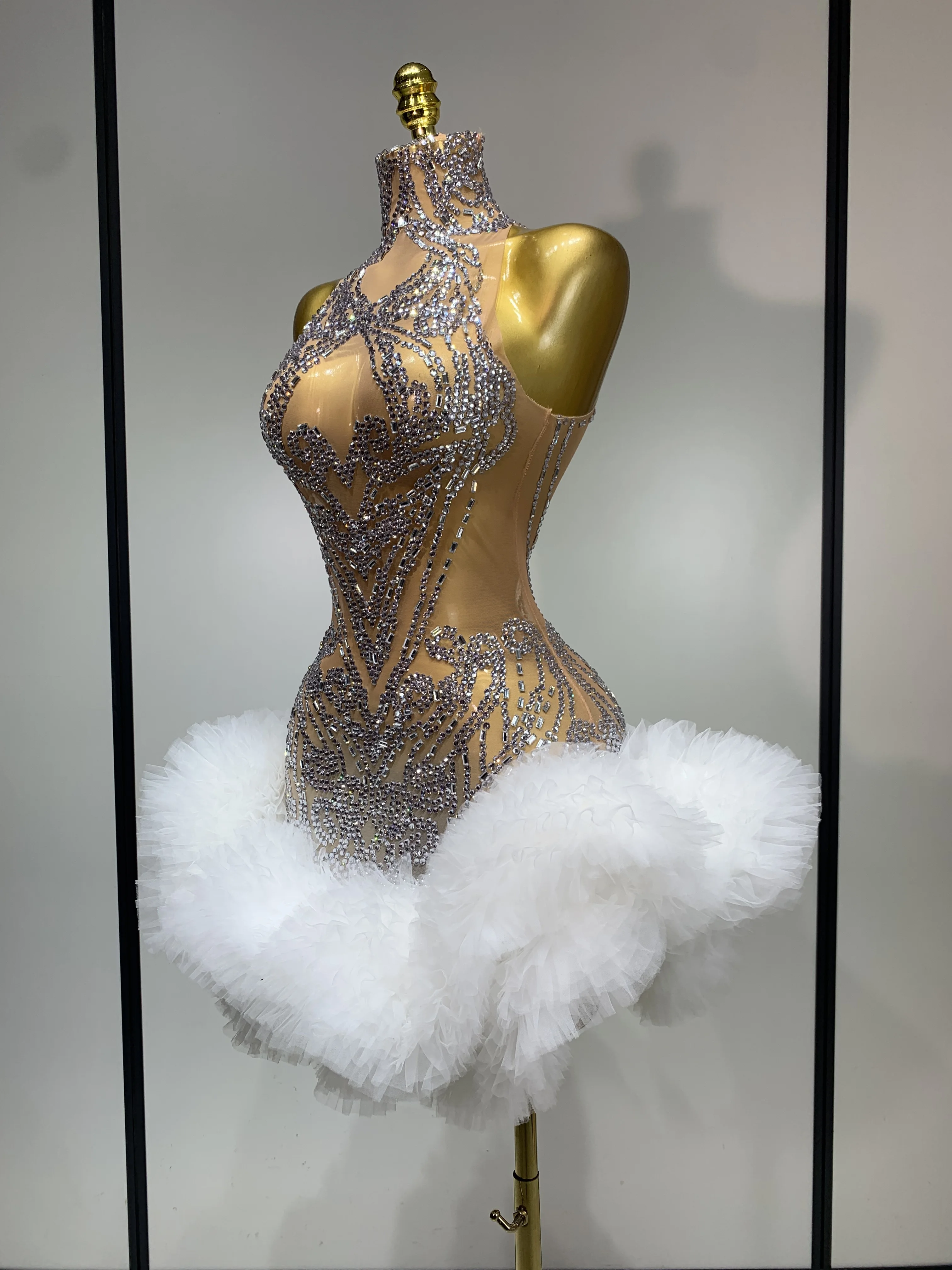 Luxury Women Sexy Sparkly Rhinestone Sleeveless Mesh See Through Bodycon Mini Birthday Dress Evening Party Performance Costume