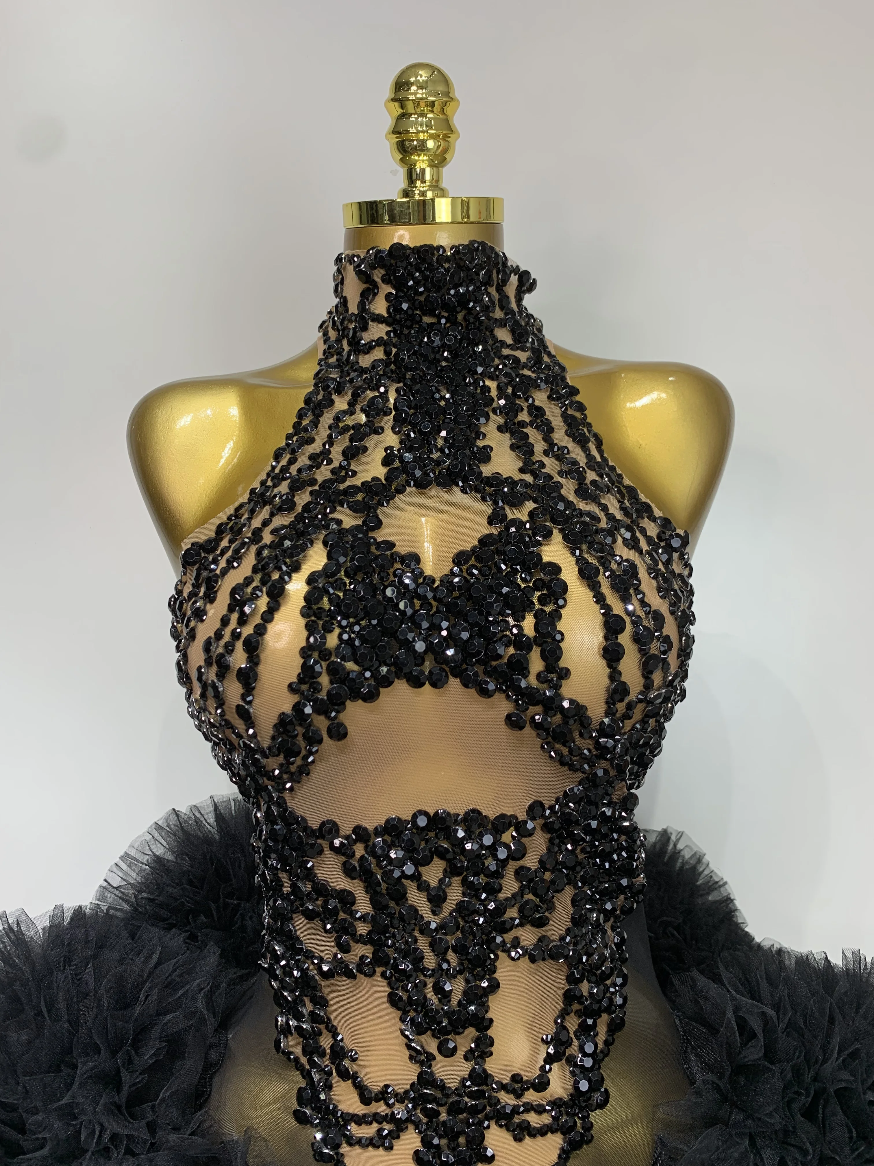 Luxury Women Sexy Sparkly Rhinestone Sleeveless Mesh See Through Bodycon Mini Birthday Dress Evening Party Performance Costume