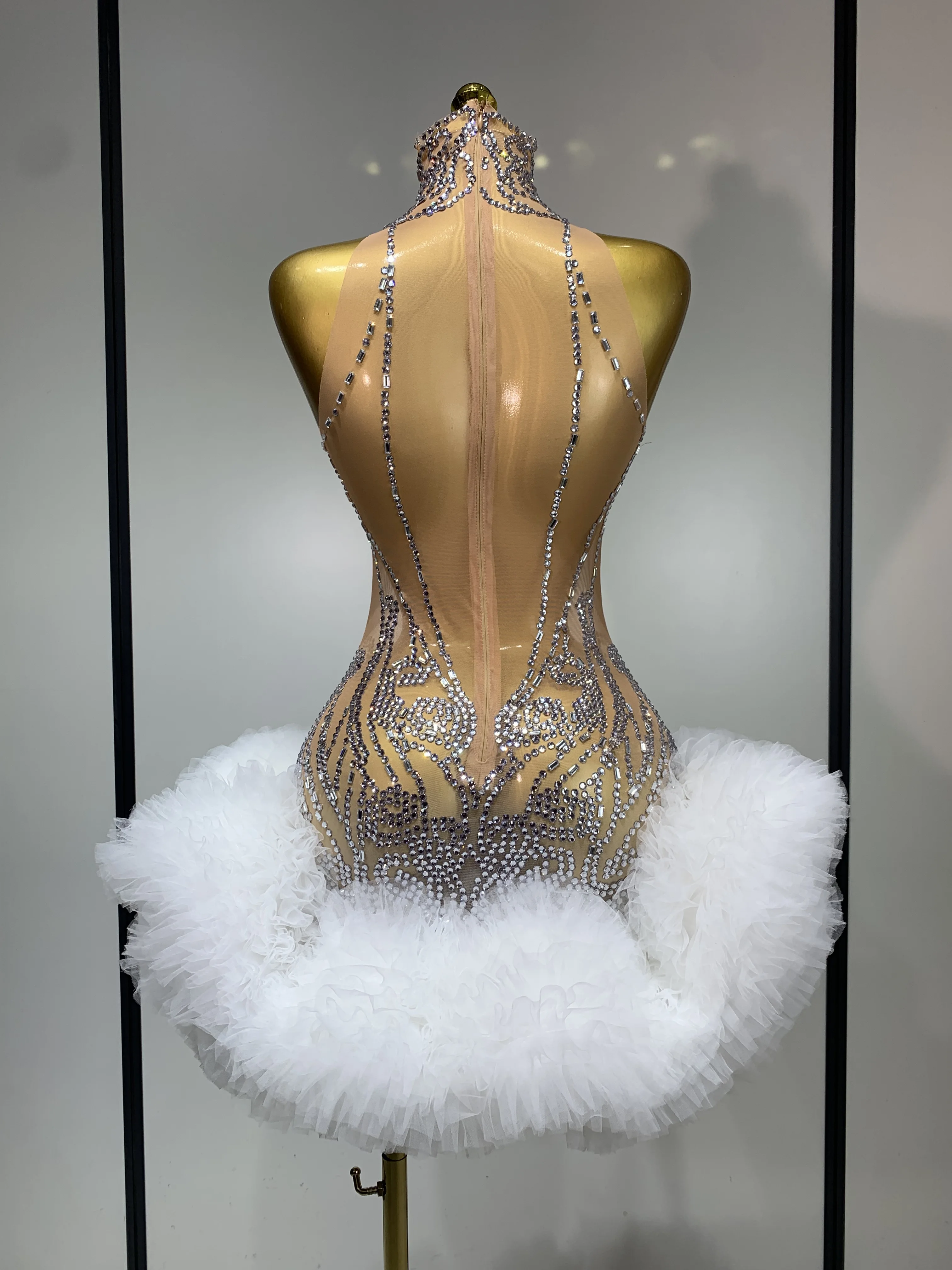 Luxury Women Sexy Sparkly Rhinestone Sleeveless Mesh See Through Bodycon Mini Birthday Dress Evening Party Performance Costume