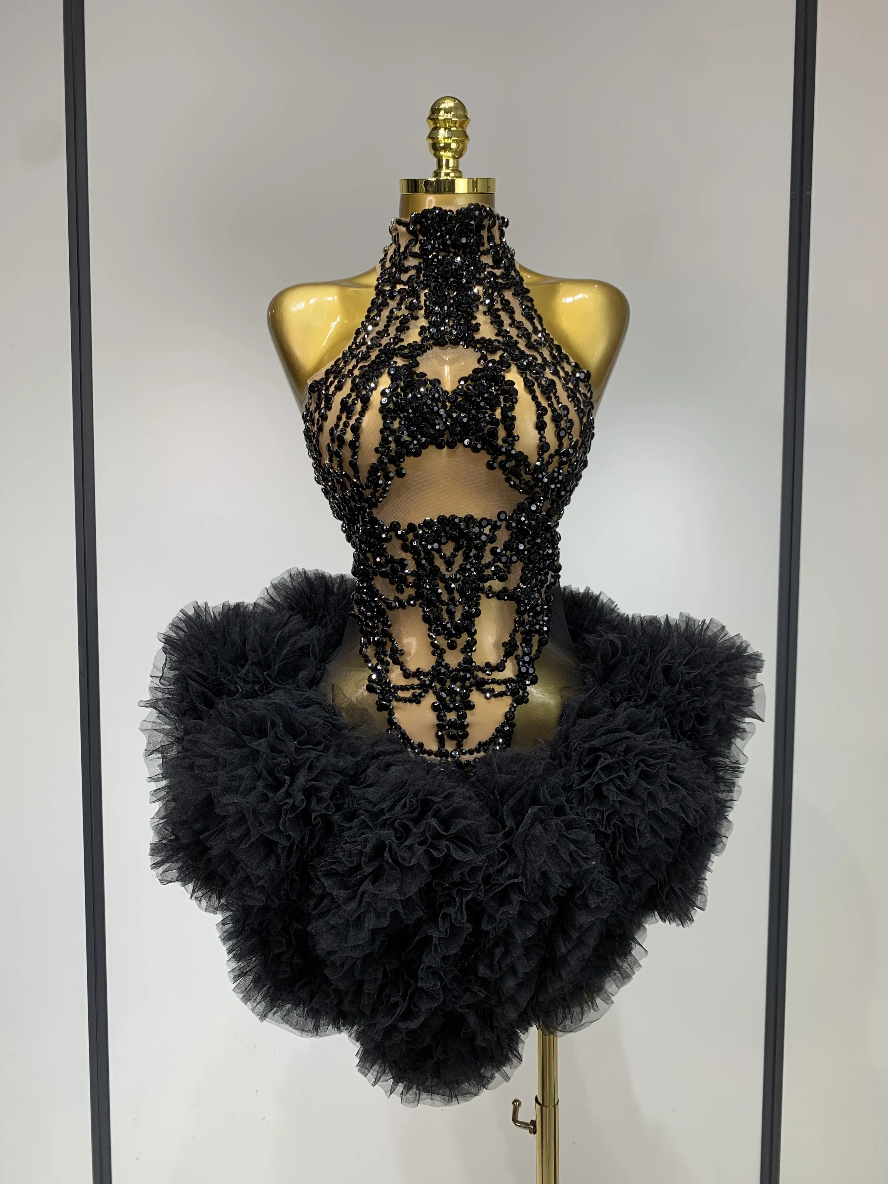 Luxury Women Sexy Sparkly Rhinestone Sleeveless Mesh See Through Bodycon Mini Birthday Dress Evening Party Performance Costume