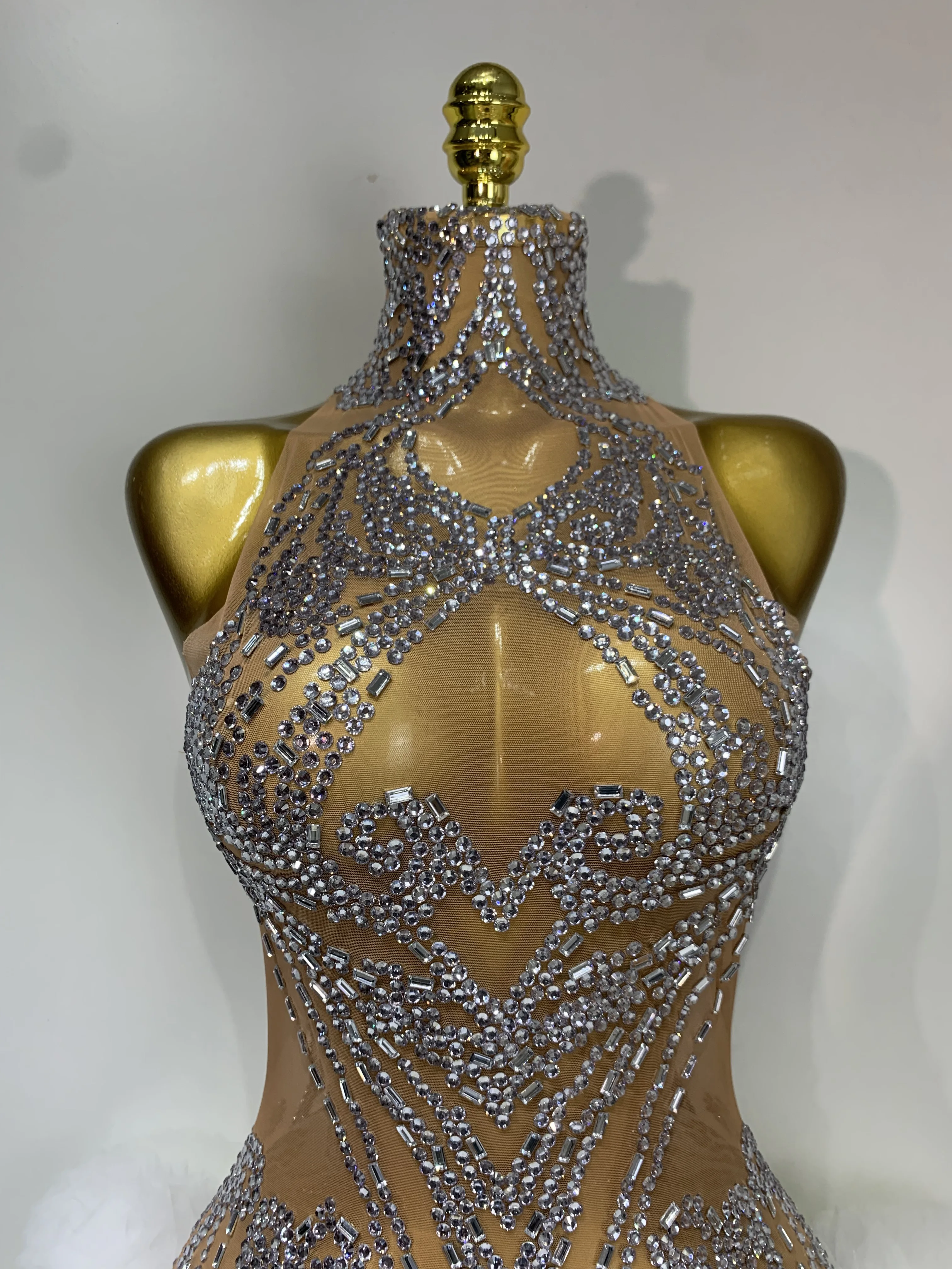 Luxury Women Sexy Sparkly Rhinestone Sleeveless Mesh See Through Bodycon Mini Birthday Dress Evening Party Performance Costume