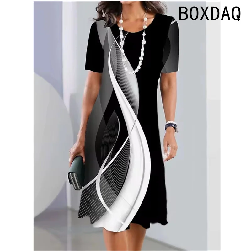 Vintage Elegant Women Dress Summer Short Sleeve O-Neck Casual A-Line Dress Black White Gradient 3D Digital Printing Dress