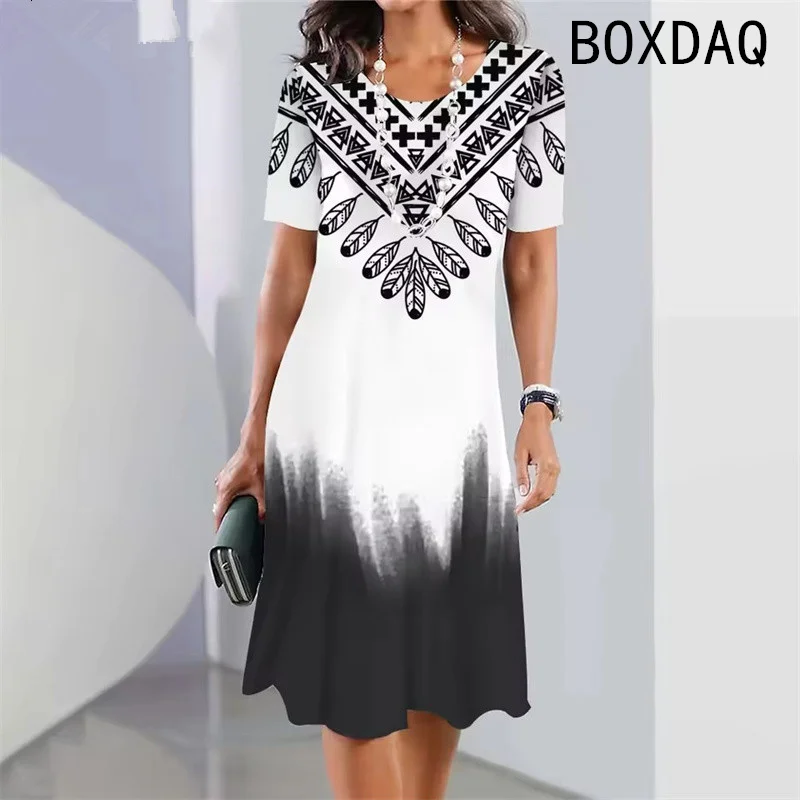 Vintage Elegant Women Dress Summer Short Sleeve O-Neck Casual A-Line Dress Black White Gradient 3D Digital Printing Dress