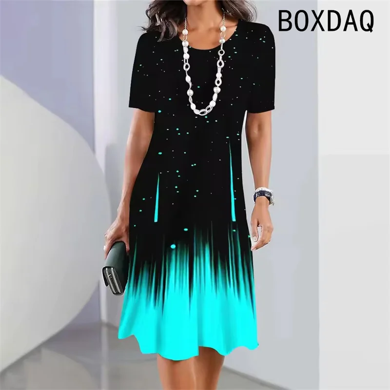Vintage Elegant Women Dress Summer Short Sleeve O-Neck Casual A-Line Dress Black White Gradient 3D Digital Printing Dress