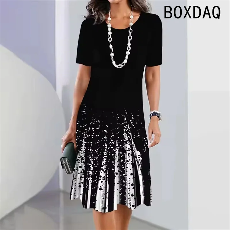 Vintage Elegant Women Dress Summer Short Sleeve O-Neck Casual A-Line Dress Black White Gradient 3D Digital Printing Dress