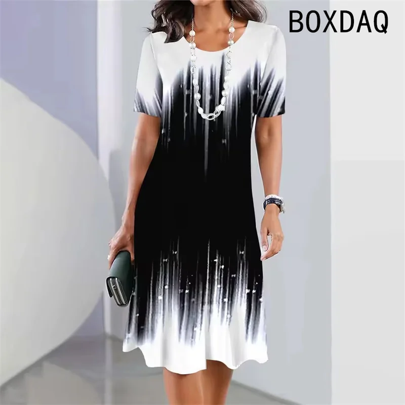Vintage Elegant Women Dress Summer Short Sleeve O-Neck Casual A-Line Dress Black White Gradient 3D Digital Printing Dress