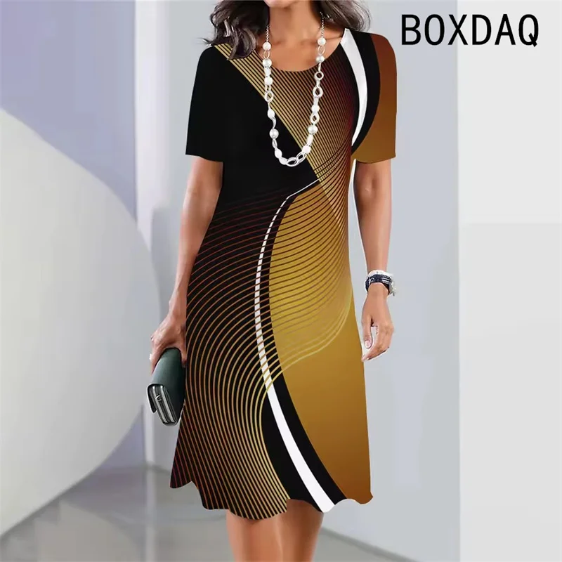 Vintage Elegant Women Dress Summer Short Sleeve O-Neck Casual A-Line Dress Black White Gradient 3D Digital Printing Dress
