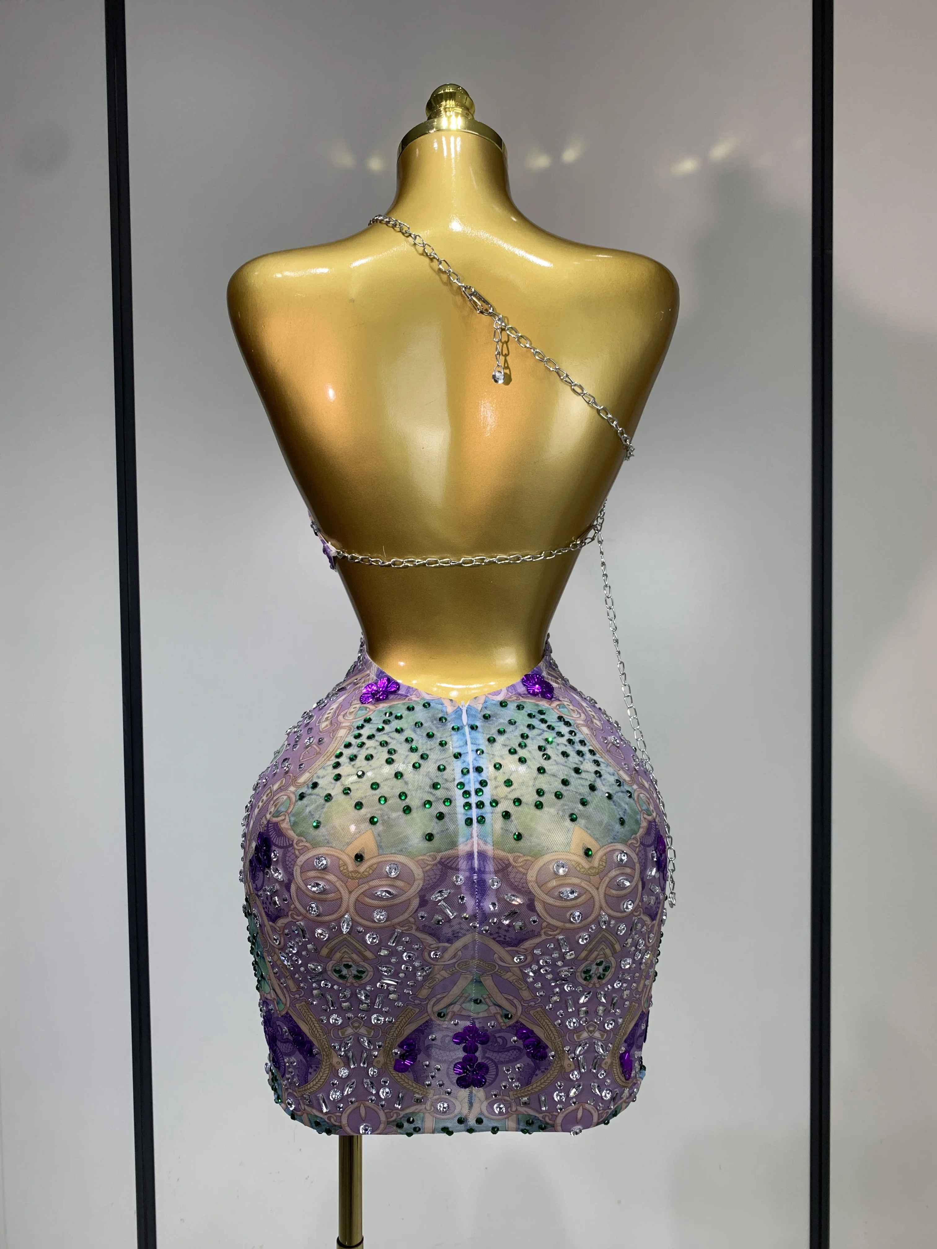 Sprakly Rhinestones Women Sexy Mesh See Through Hollow Out Mini Dresses Luxury Birthday Birthday Photo Shoot Performance Costume