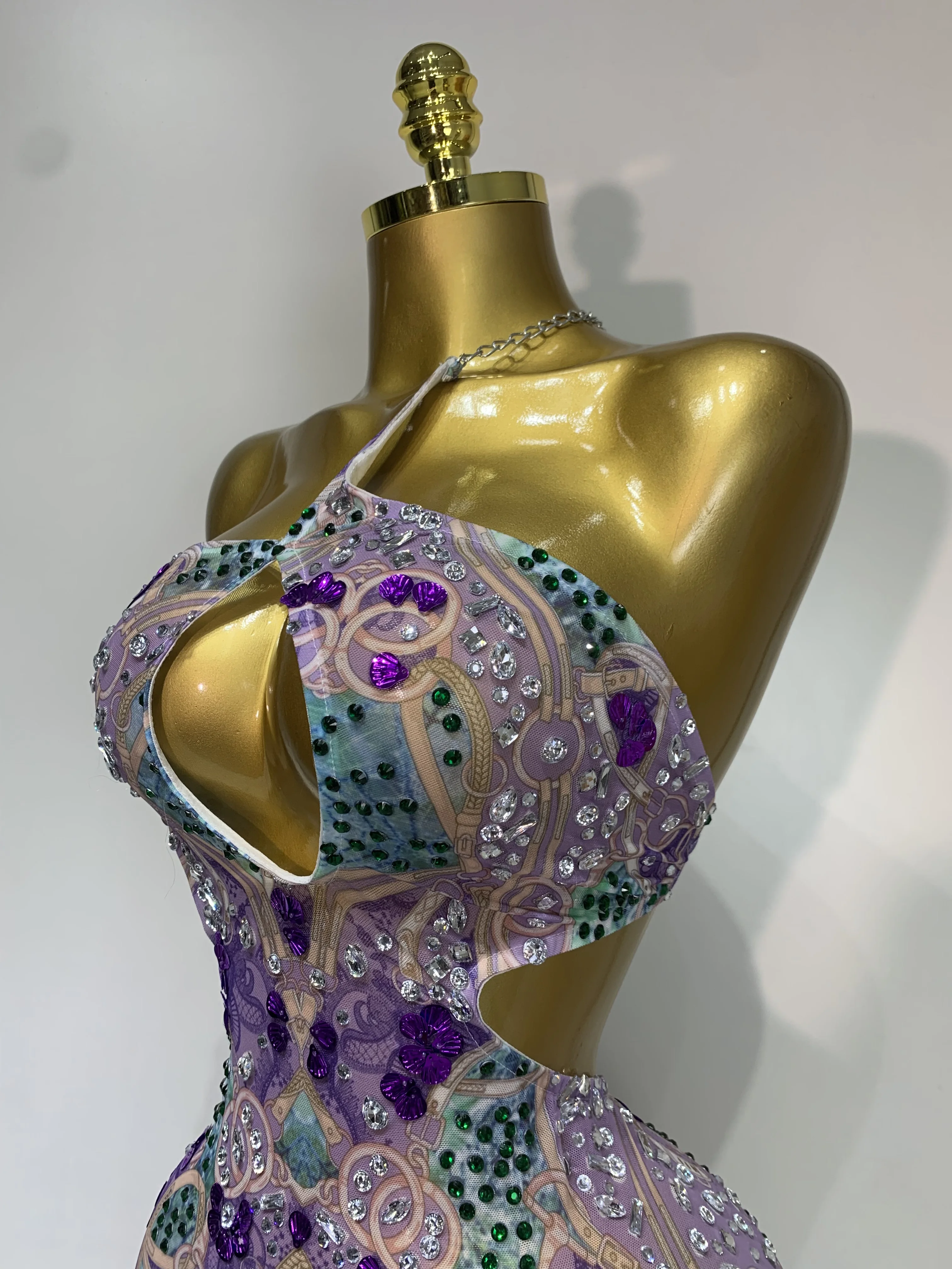 Sprakly Rhinestones Women Sexy Mesh See Through Hollow Out Mini Dresses Luxury Birthday Birthday Photo Shoot Performance Costume