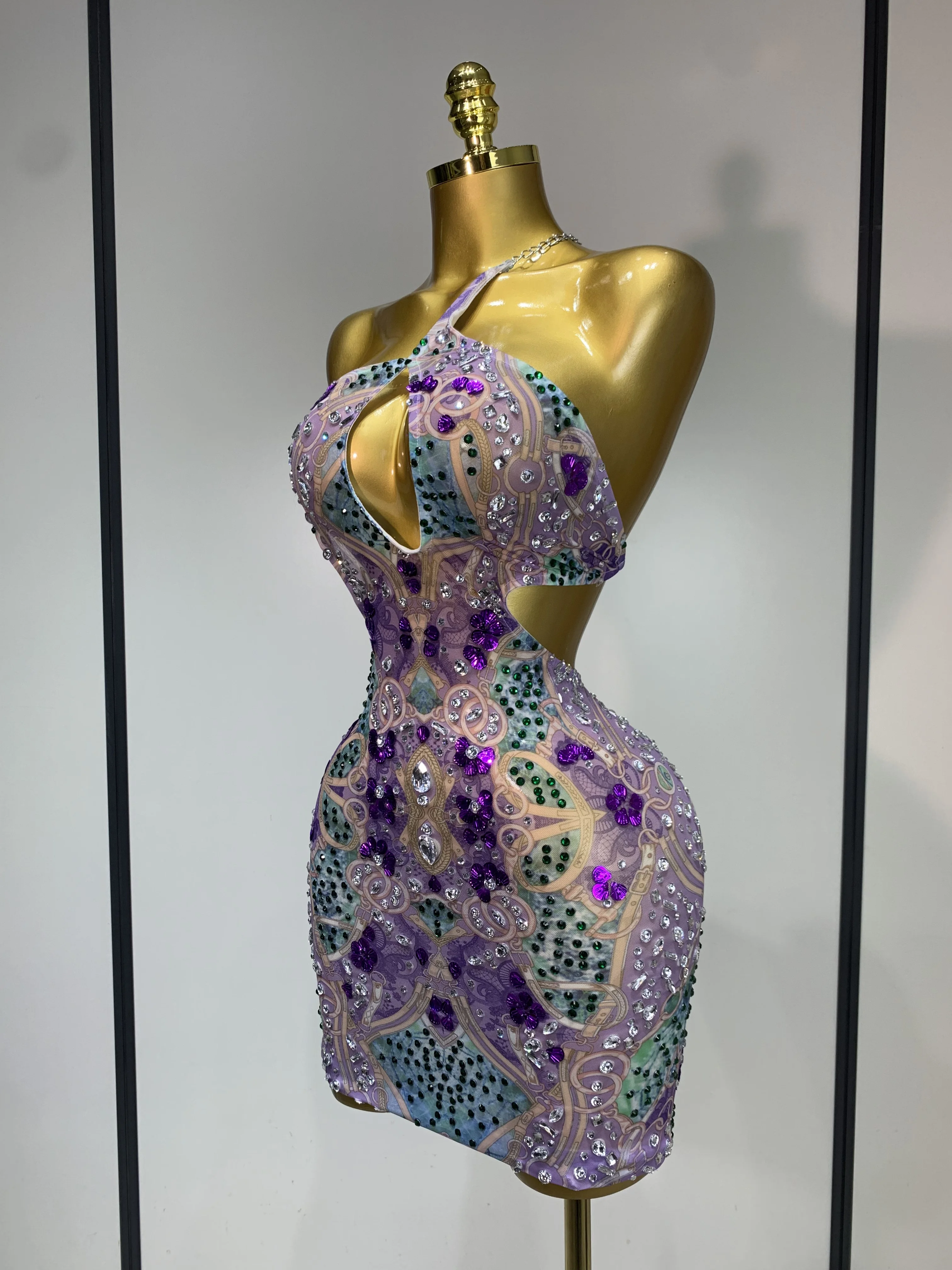 Sprakly Rhinestones Women Sexy Mesh See Through Hollow Out Mini Dresses Luxury Birthday Birthday Photo Shoot Performance Costume