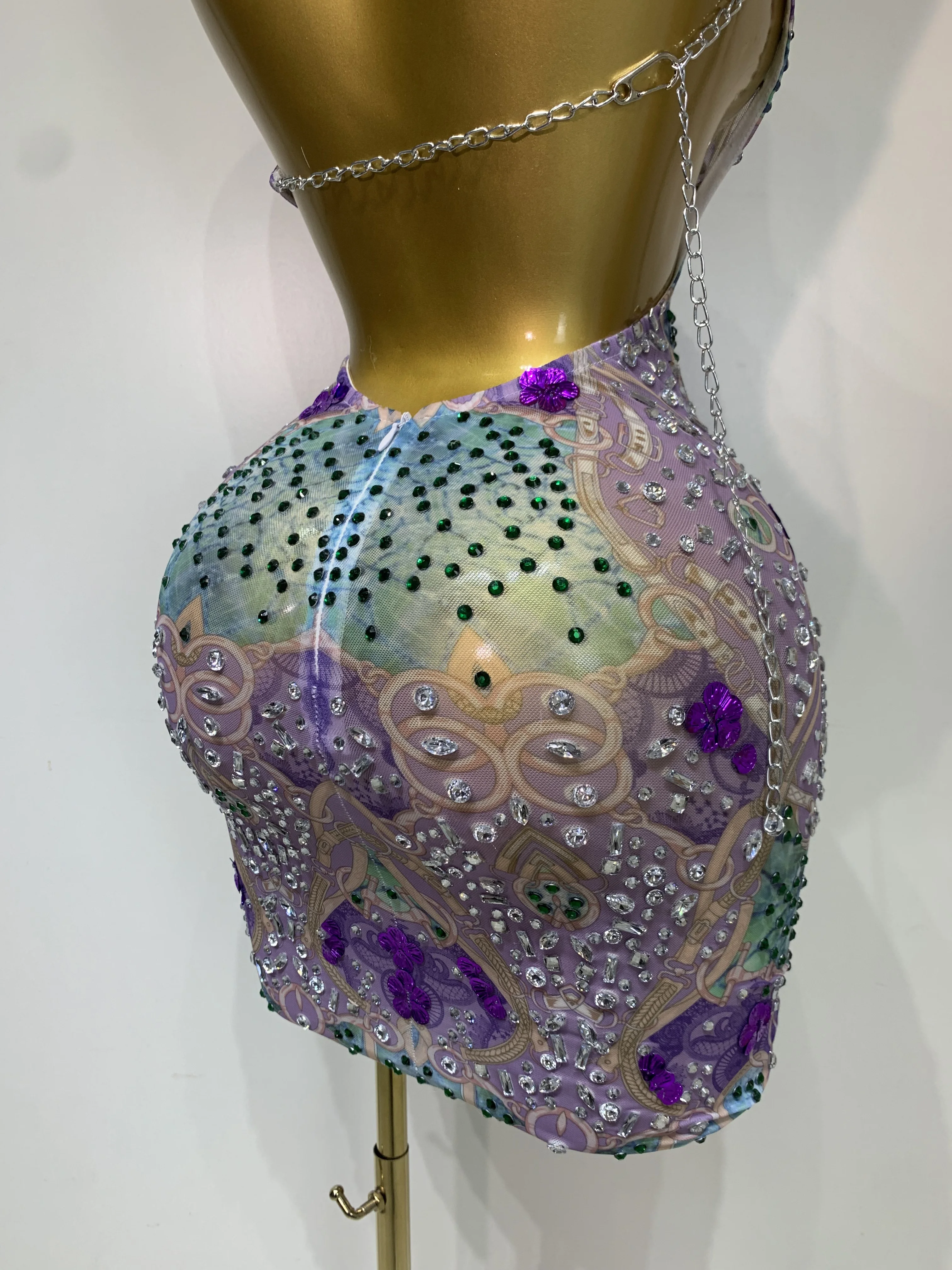 Sprakly Rhinestones Women Sexy Mesh See Through Hollow Out Mini Dresses Luxury Birthday Birthday Photo Shoot Performance Costume