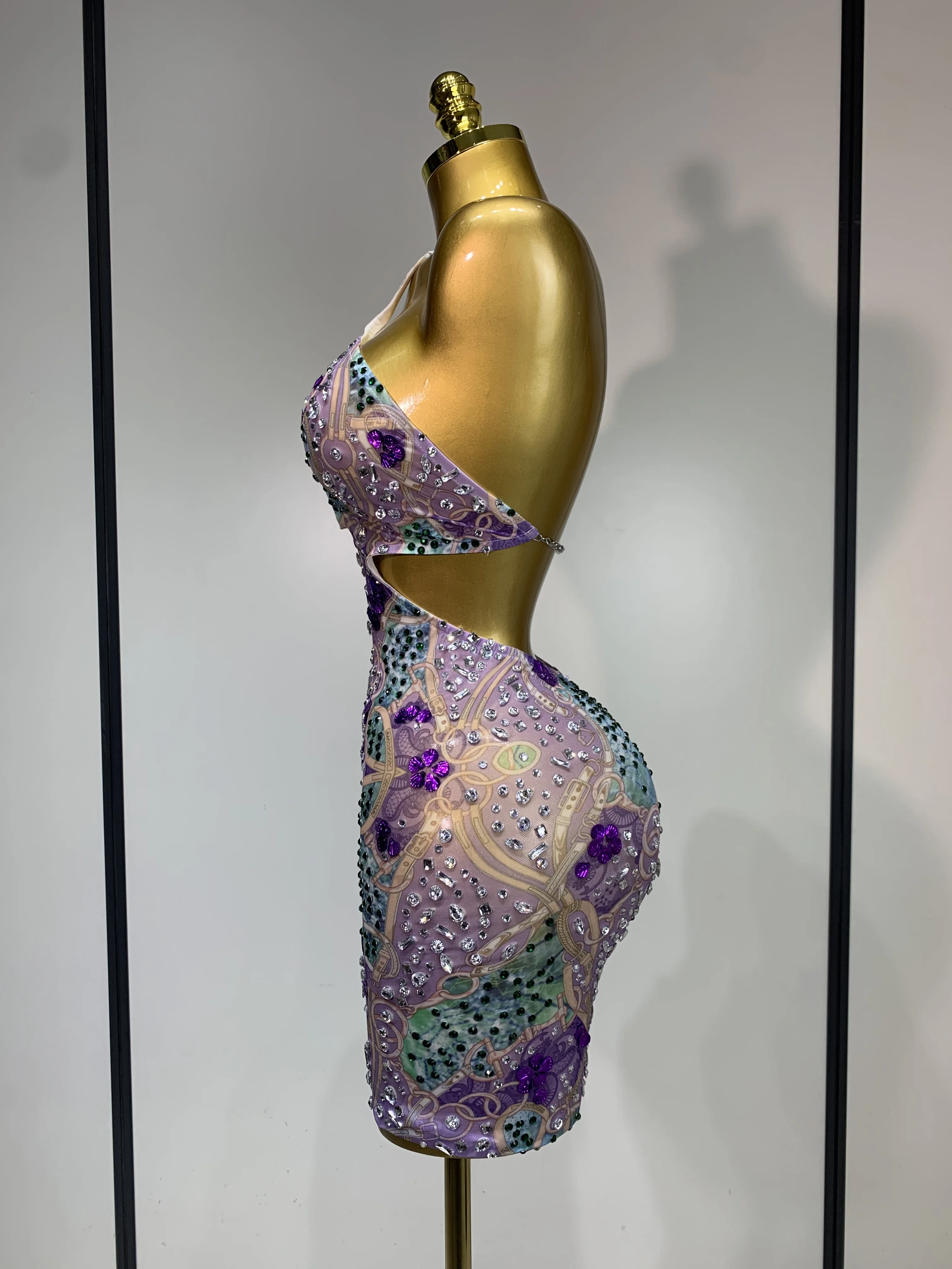 Sprakly Rhinestones Women Sexy Mesh See Through Hollow Out Mini Dresses Luxury Birthday Birthday Photo Shoot Performance Costume