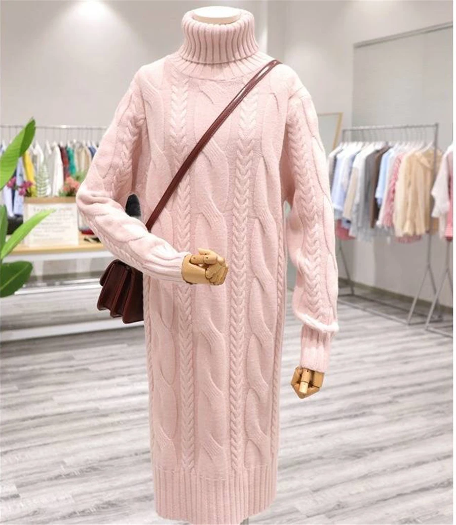 Winter Turtleneck Twist Knitting Dresses Women Warm Candy Color Rib Knited Pullover Dress Elegant Chic Solid Sweater Dresses