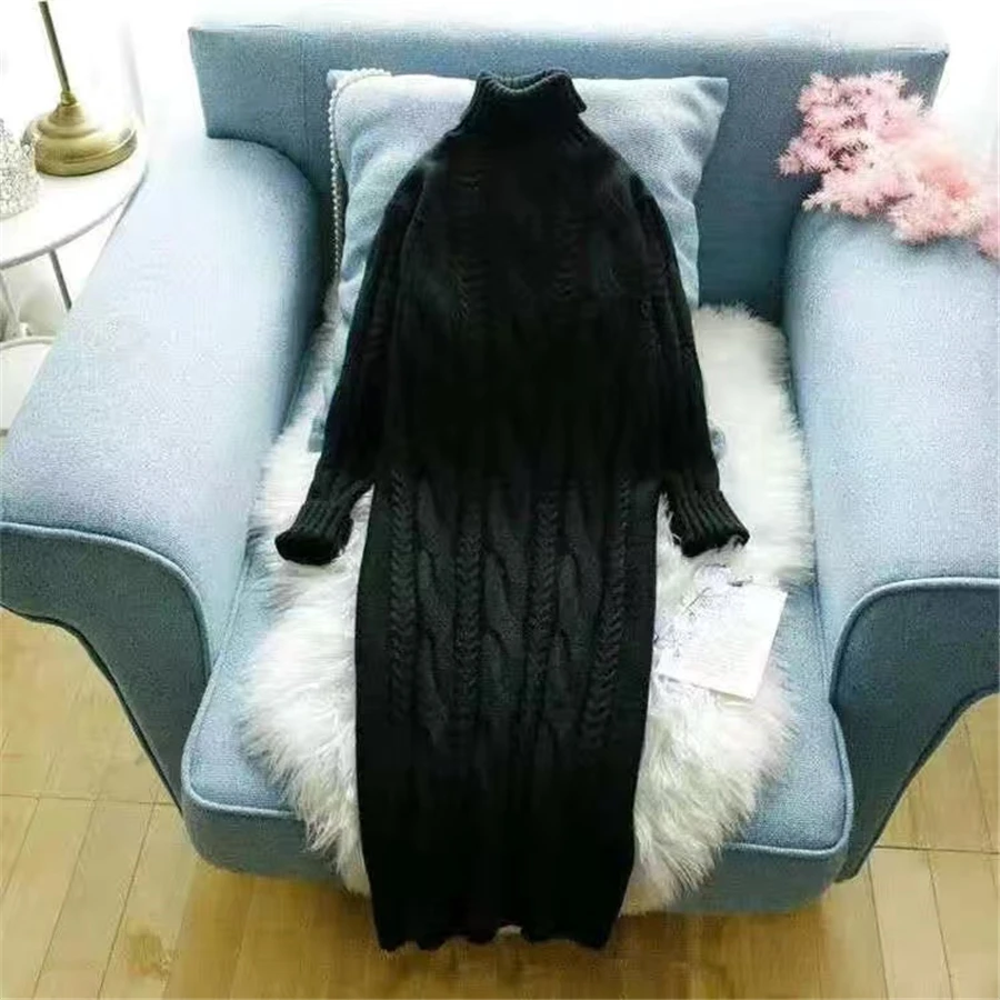 Winter Turtleneck Twist Knitting Dresses Women Warm Candy Color Rib Knited Pullover Dress Elegant Chic Solid Sweater Dresses