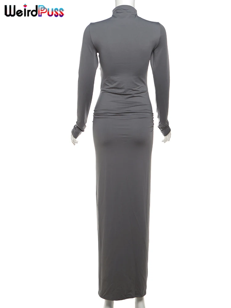 Weird Puss Hipster Ruched Dress Women O-Neck Full Sleeve Skinny Stretch Robe Autumn Trend Simple Classic Pleats Long Bodycon
