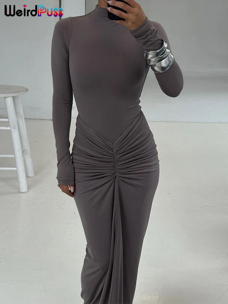 Weird Puss Hipster Ruched Dress Women O-Neck Full Sleeve Skinny Stretch Robe Autumn Trend Simple Classic Pleats Long Bodycon