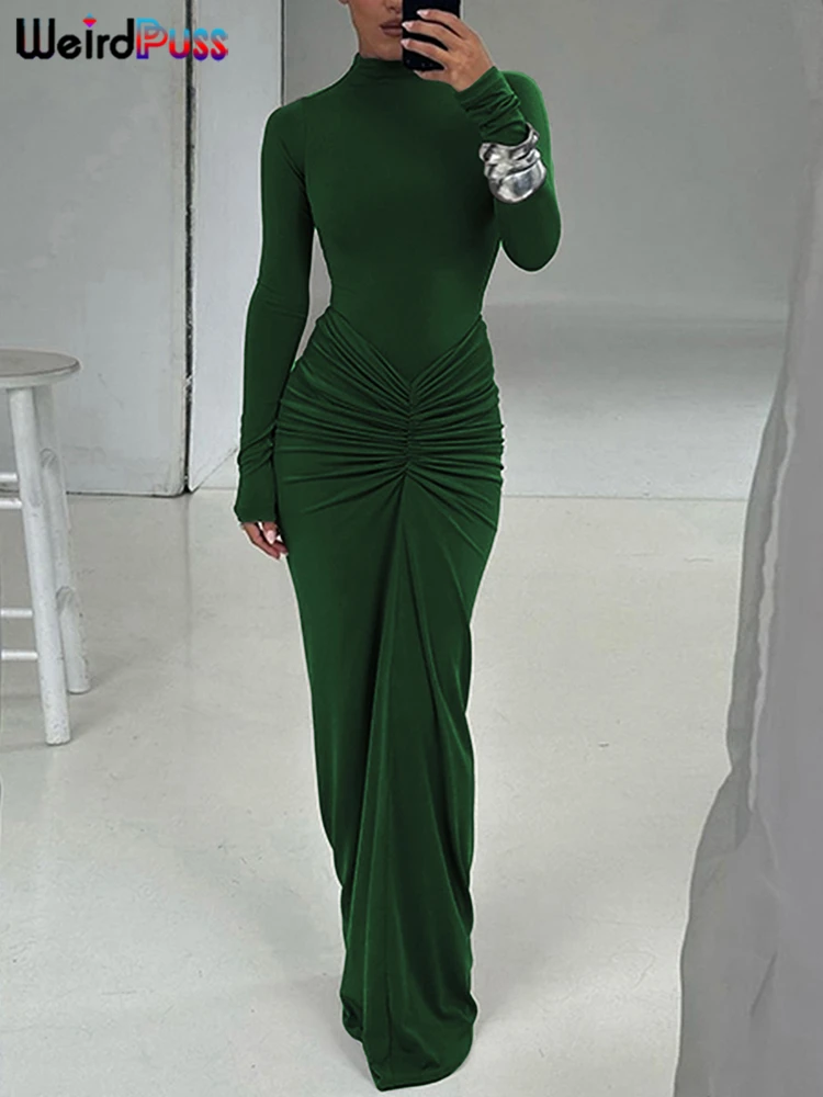 Weird Puss Hipster Ruched Dress Women O-Neck Full Sleeve Skinny Stretch Robe Autumn Trend Simple Classic Pleats Long Bodycon