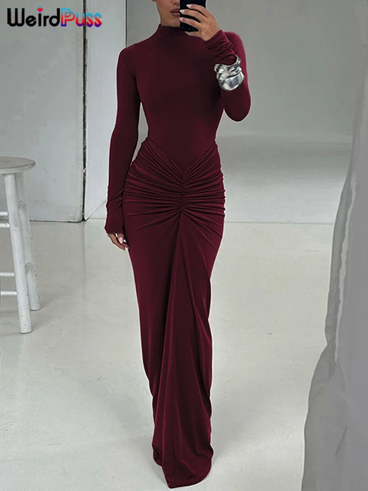 Weird Puss Hipster Ruched Dress Women O-Neck Full Sleeve Skinny Stretch Robe Autumn Trend Simple Classic Pleats Long Bodycon