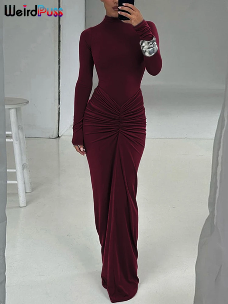 Weird Puss Hipster Ruched Dress Women O-Neck Full Sleeve Skinny Stretch Robe Autumn Trend Simple Classic Pleats Long Bodycon