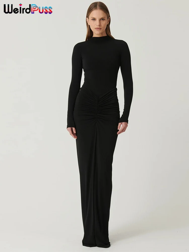 Weird Puss Hipster Ruched Dress Women O-Neck Full Sleeve Skinny Stretch Robe Autumn Trend Simple Classic Pleats Long Bodycon