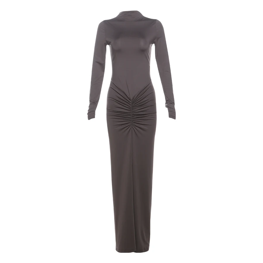 Weird Puss Hipster Ruched Dress Women O-Neck Full Sleeve Skinny Stretch Robe Autumn Trend Simple Classic Pleats Long Bodycon