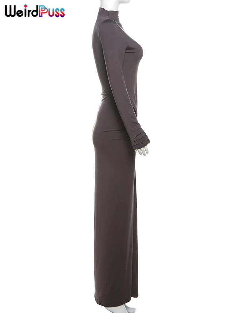 Weird Puss Hipster Ruched Dress Women O-Neck Full Sleeve Skinny Stretch Robe Autumn Trend Simple Classic Pleats Long Bodycon