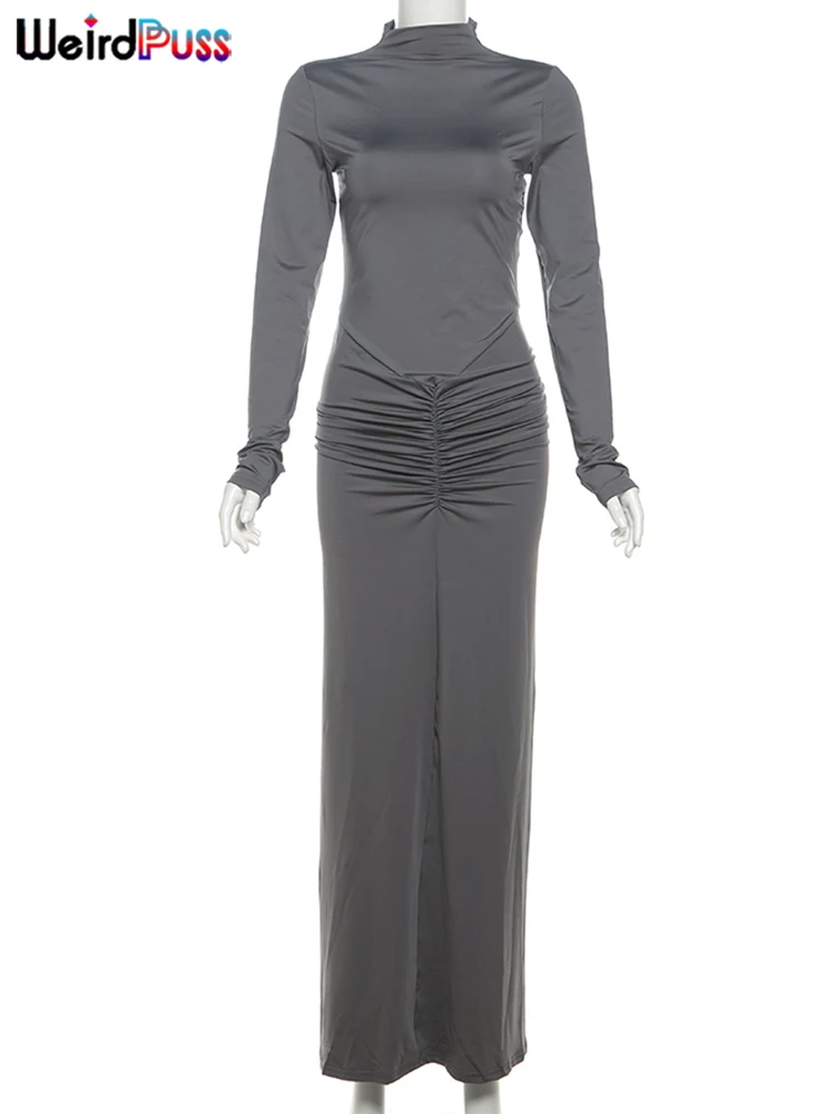 Weird Puss Hipster Ruched Dress Women O-Neck Full Sleeve Skinny Stretch Robe Autumn Trend Simple Classic Pleats Long Bodycon