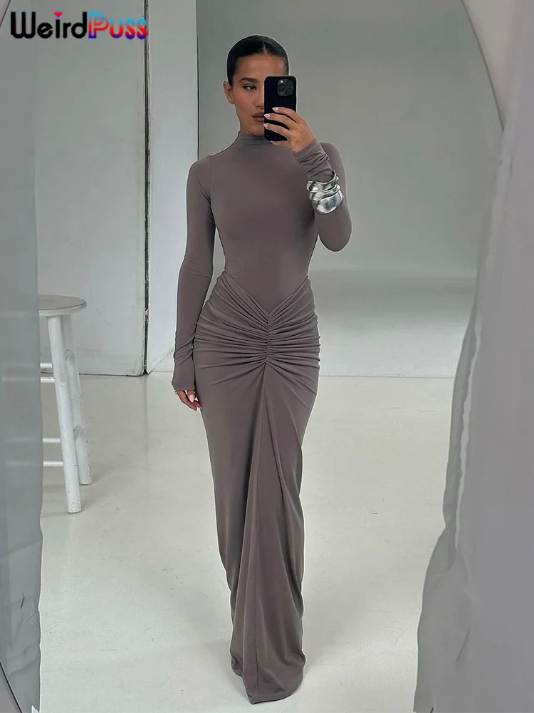 Weird Puss Hipster Ruched Dress Women O-Neck Full Sleeve Skinny Stretch Robe Autumn Trend Simple Classic Pleats Long Bodycon