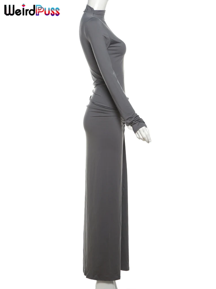 Weird Puss Hipster Ruched Dress Women O-Neck Full Sleeve Skinny Stretch Robe Autumn Trend Simple Classic Pleats Long Bodycon
