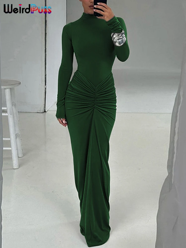 Weird Puss Hipster Ruched Dress Women O-Neck Full Sleeve Skinny Stretch Robe Autumn Trend Simple Classic Pleats Long Bodycon
