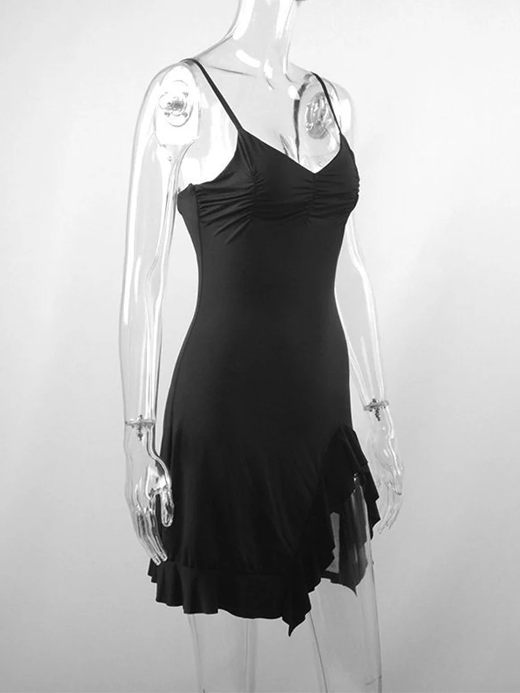 Summer Sexy Women's Sleeveless Mini Dress Backless Strap Black Bodycon Split A-Line Elegant Streetwear Party Wear
