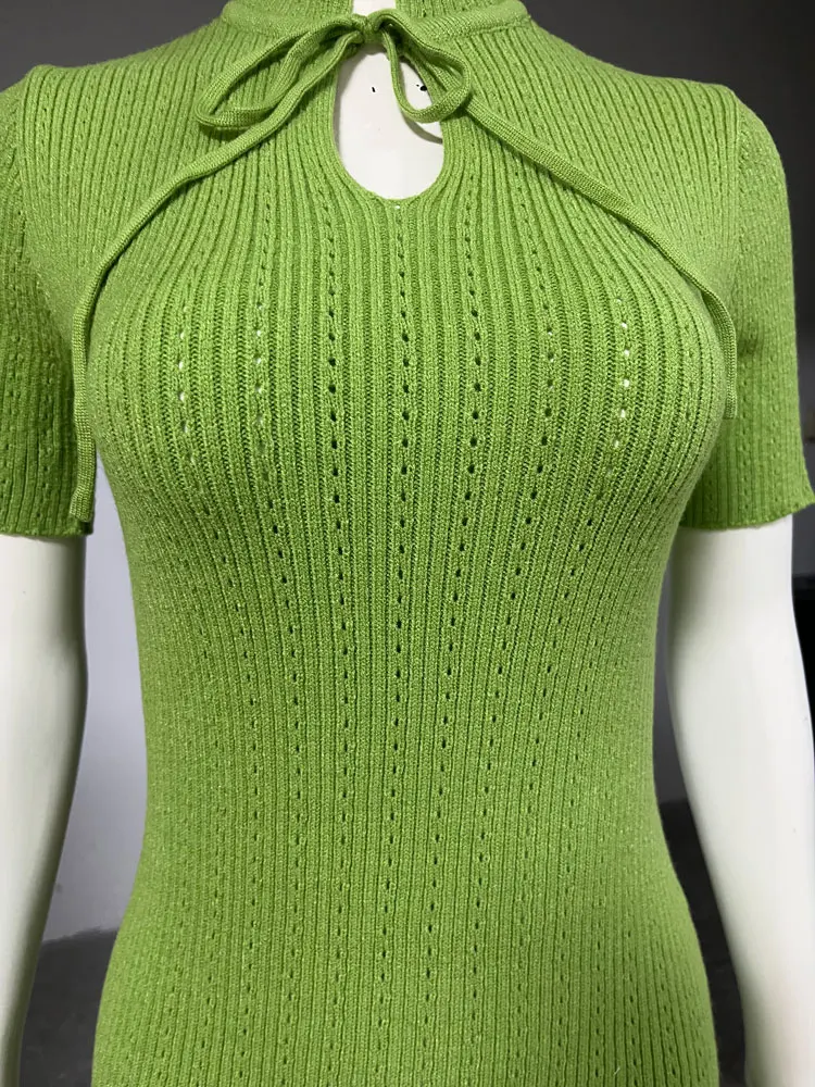 Tossy Knit Hollow Out Lace-Up Dress Female Ribbed Short Sleeve Patchwork High Waist Elegant Long Dress Women's Knitwear Dress