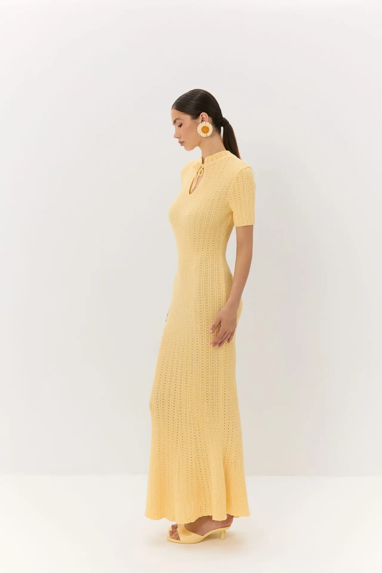 Tossy Knit Hollow Out Lace-Up Dress Female Ribbed Short Sleeve Patchwork High Waist Elegant Long Dress Women's Knitwear Dress