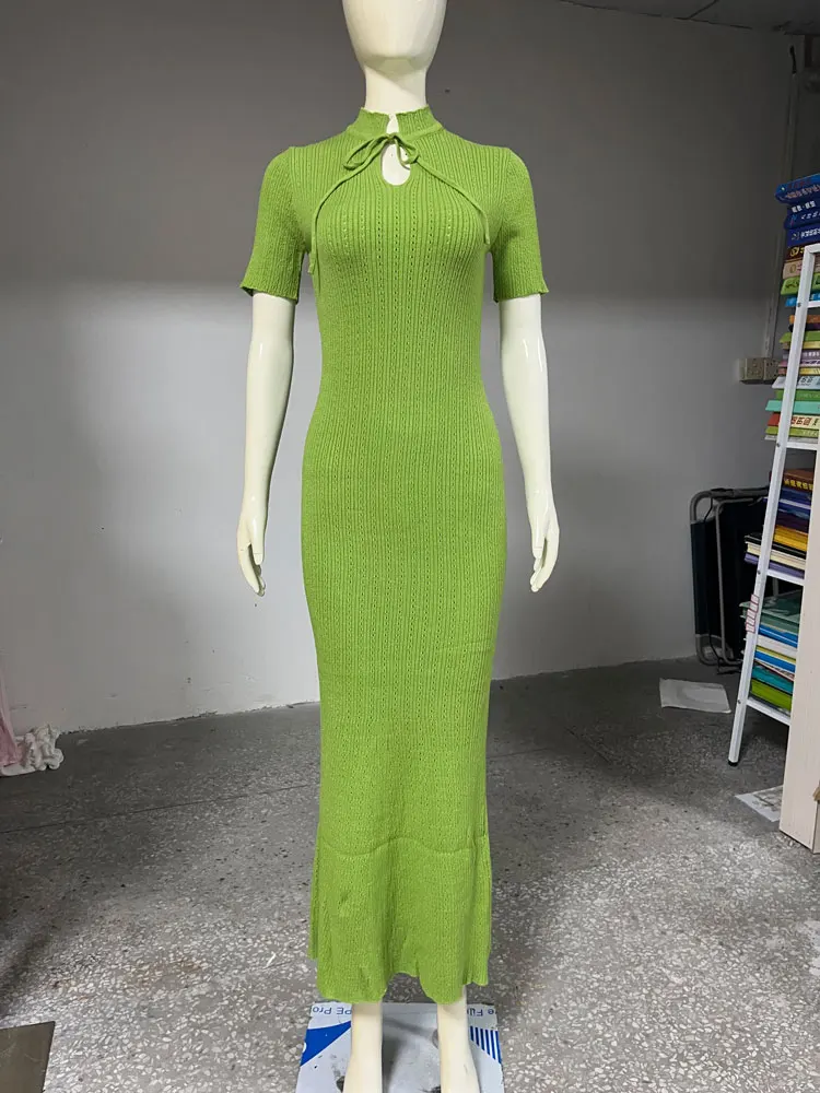 Tossy Knit Hollow Out Lace-Up Dress Female Ribbed Short Sleeve Patchwork High Waist Elegant Long Dress Women's Knitwear Dress