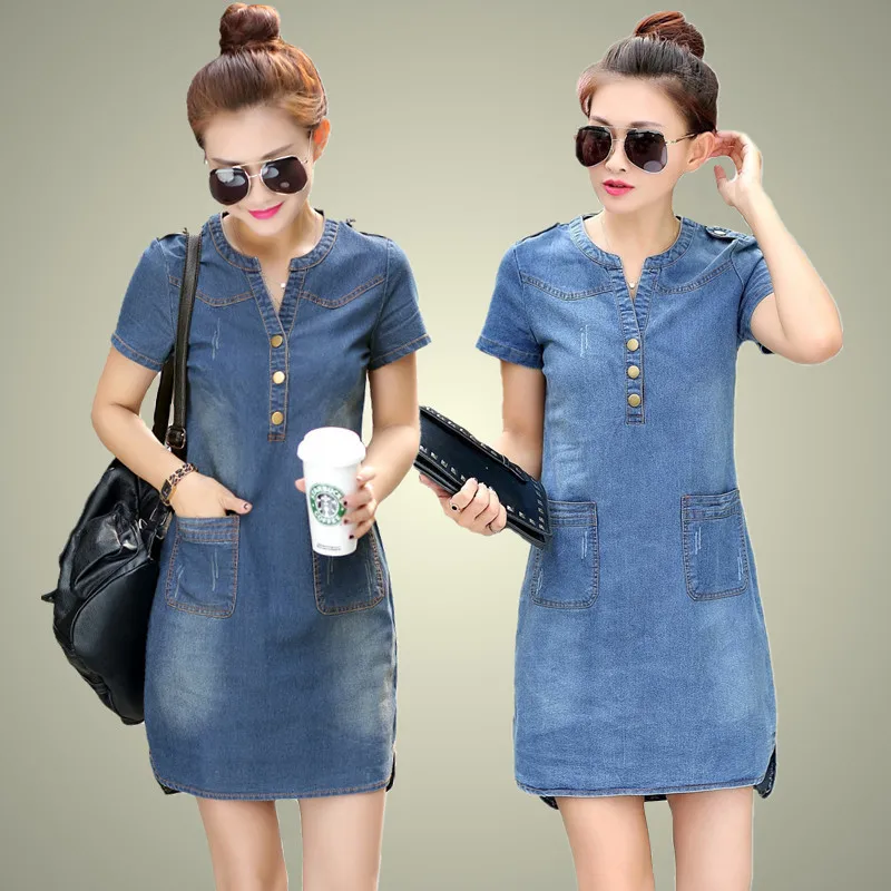 2025 New arrival summer women denim dresses short sleeves loose A word dresses v-neck solid denim dresses