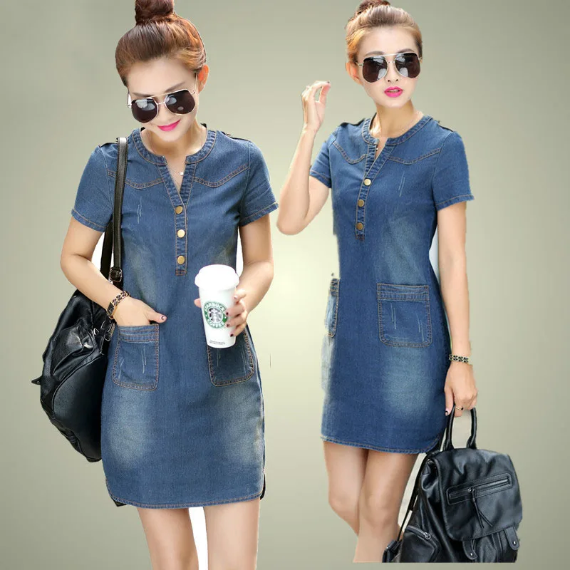 2025 New arrival summer women denim dresses short sleeves loose A word dresses v-neck solid denim dresses