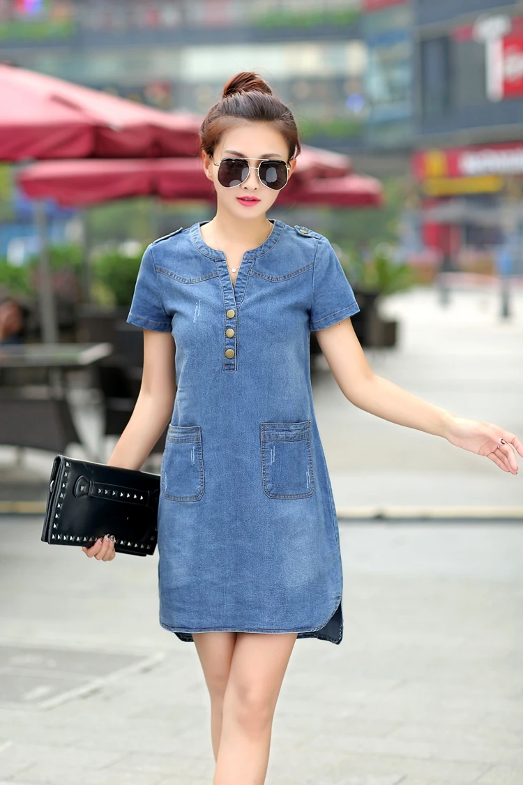 2025 New arrival summer women denim dresses short sleeves loose A word dresses v-neck solid denim dresses
