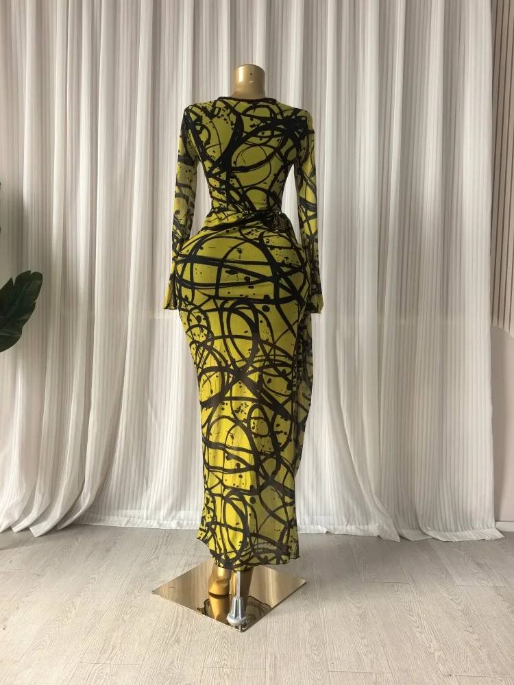 CM.YAYA Women Striped Print Ribbon Ruched Long Sleeve Bodycon Maxi Long Dress 2026 Sexy Birthday Party Education Trendy Dresses