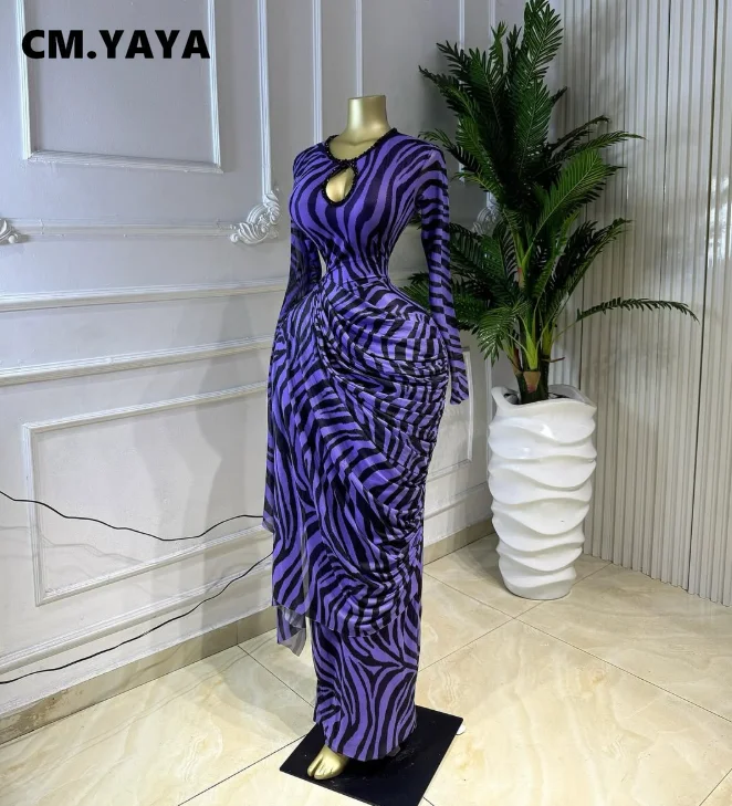CM.YAYA Women Striped Print Ribbon Ruched Long Sleeve Bodycon Maxi Long Dress 2026 Sexy Birthday Party Education Trendy Dresses