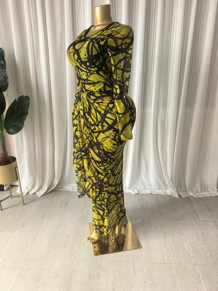 CM.YAYA Women Striped Print Ribbon Ruched Long Sleeve Bodycon Maxi Long Dress 2026 Sexy Birthday Party Education Trendy Dresses